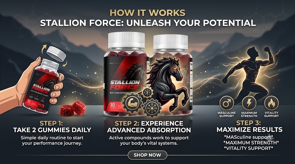 Seller overview graphic of the daily Stallion Force gummy routine